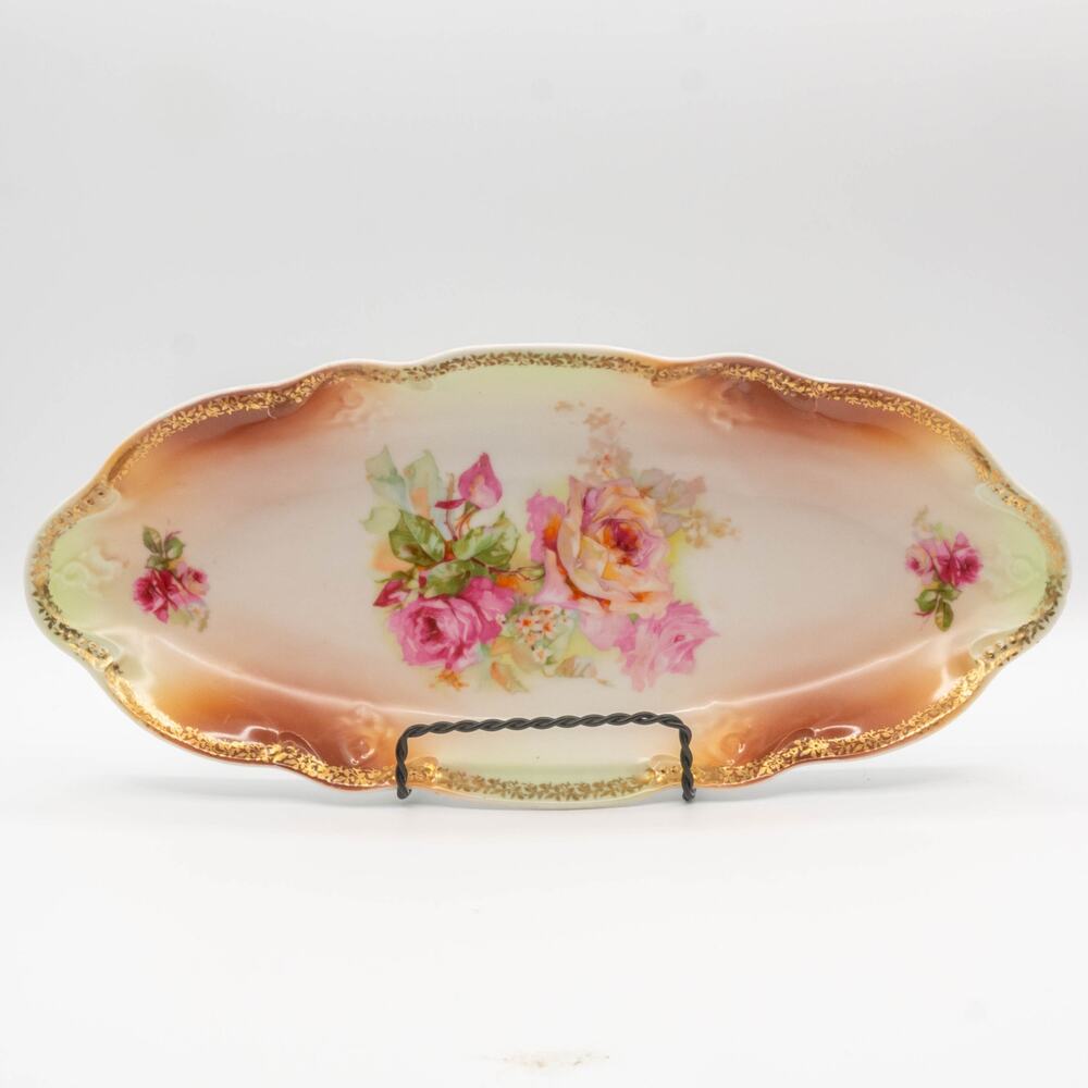 Vintage 1900s German THREE CROWN CHINA Celery Dish Hand Painted Rose Pattern